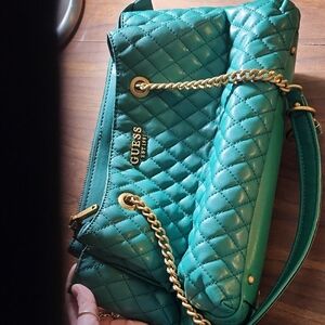 GUESS Teal Quilted Shoulder Bag with Gold Accents